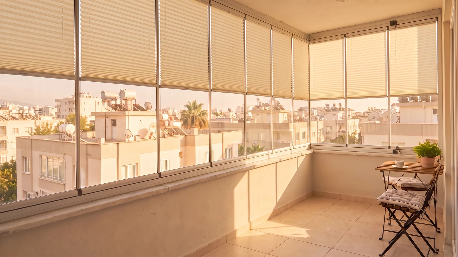 plise perde, cam balkon panellerinde yarı açık, gündüz